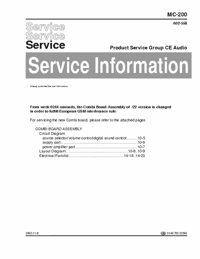 Philips MC-200 Service Information Prod. Serv. Group CE Audio A02-558 (2002-11-8) - pag. 12